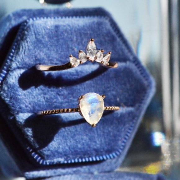 Pear Cut Genuine Moonstone Ring- Two Ring Set - Picture 3 of 8